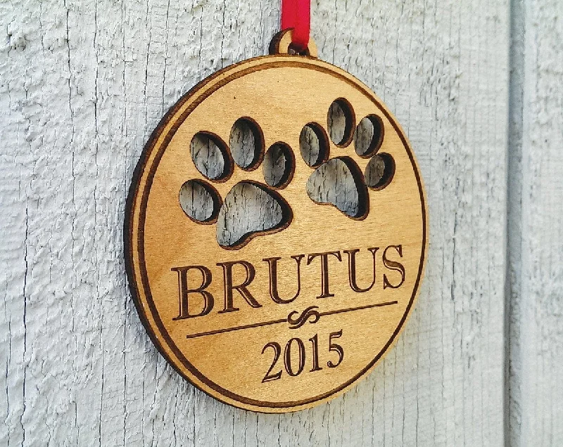 Custom Engraved Personalized Pet Ornament With Paw Prints Pets Name and Date Laser Engraved Wood Ornament Present for Dog Cat Christmas Gift