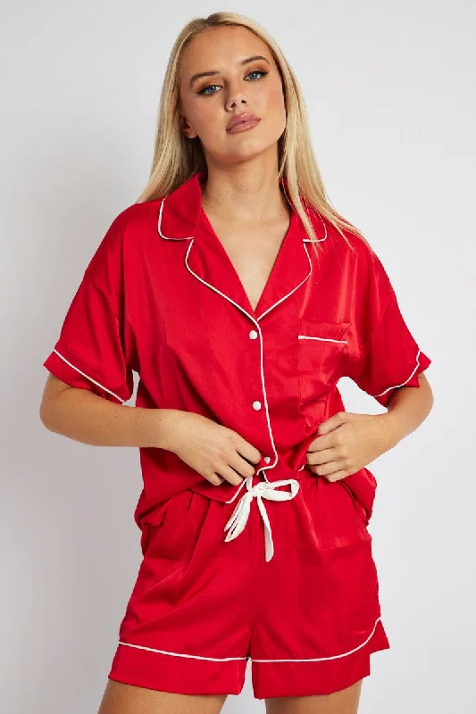 Red Pyjama Set Satin Short Sleeve Contrast Piping PJ