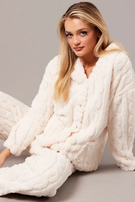 White Fluffy PJ Set Cable Fleece Pyjamas