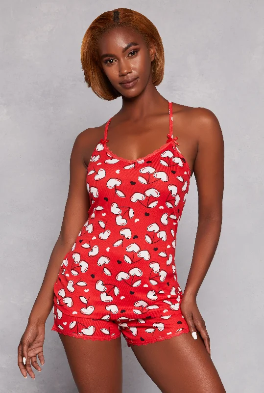 Ribbed Knit Cherry Heart Pajama Cami and Shorts