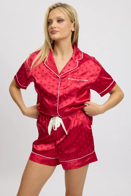 Red Satin Pyjamas Set Short Sleeve