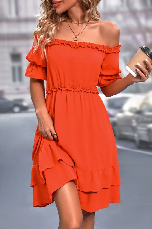 Solid Off The Shoulder Frill Casual Mini Dress