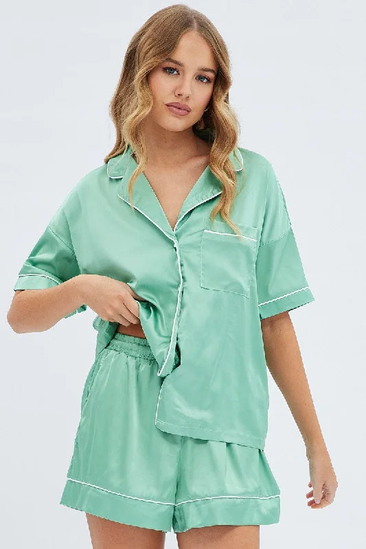 Green Satin Pj Piping Button Through Pyjama Set