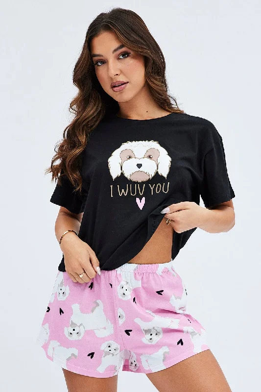 Pink Print Graphic Pj Dog and Hearts Pyjama Set