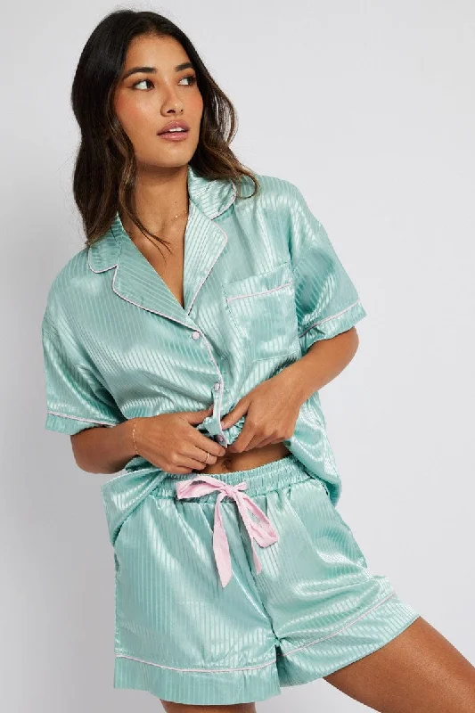 Green Stripe Satin Pj Jacquard Stripe Piping Pyjama Set