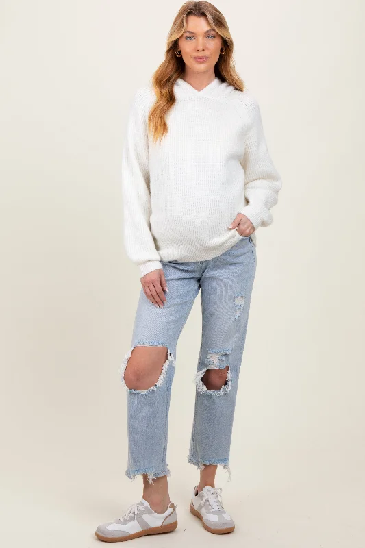 Light Blue Distressed Open Knee Straight Leg Maternity Jeans