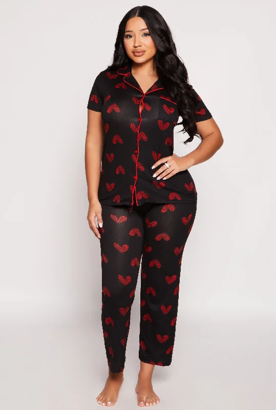 Soft Knit Heart Print Pajama Shirt and Pants