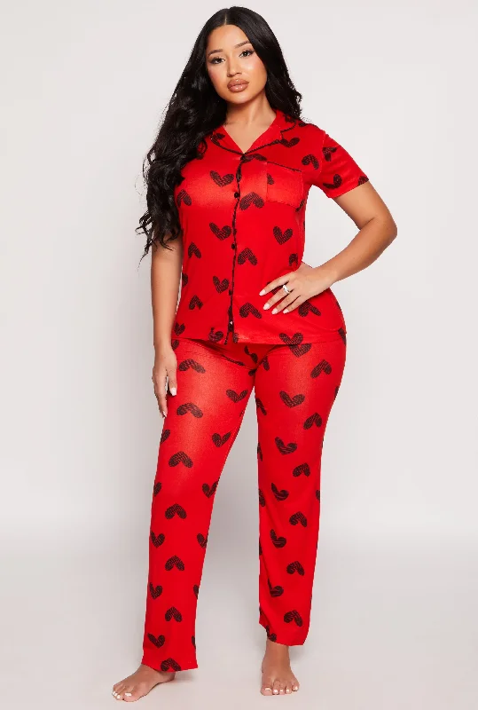 Soft Knit Heart Print Pajama Shirt and Pants