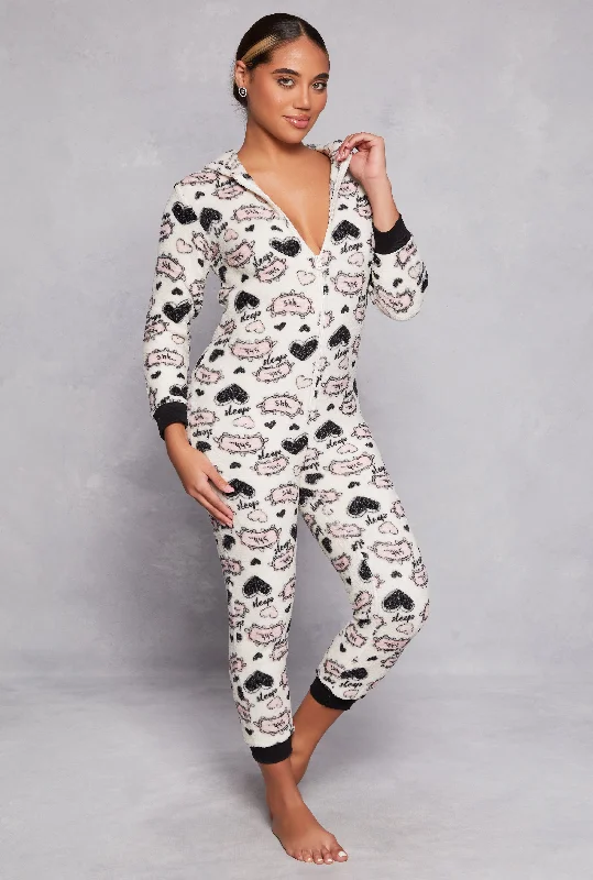 Plush Heart Sleep Graphic Hooded Pajama Onesie