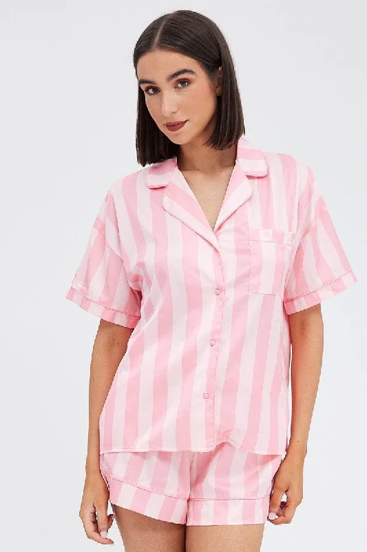 Pink Stripe Satin Pj Pink Stripe Piping Pyjama Set