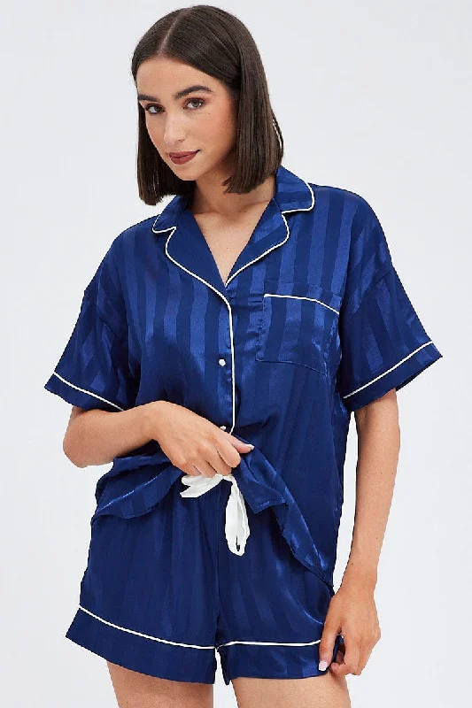 Blue Stripe Satin Pj Jacquard Stripe Piping Pyjama Set