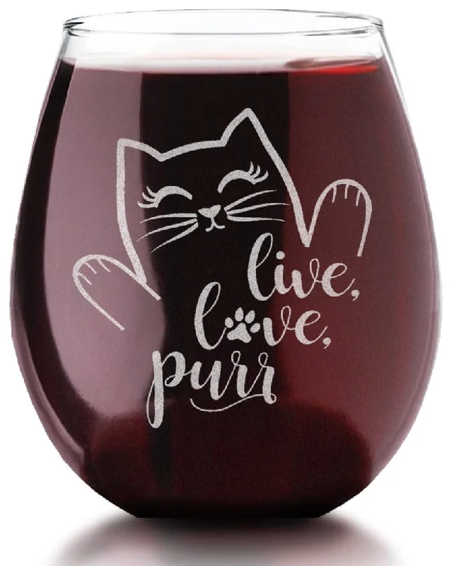 Live Love Purr Cat Wine Glass Cat Lady Gifts for Cat Lover Rescue Animal Owner Pet Mom Dad Stemless Engraved Birthday for Sister Wife Gift