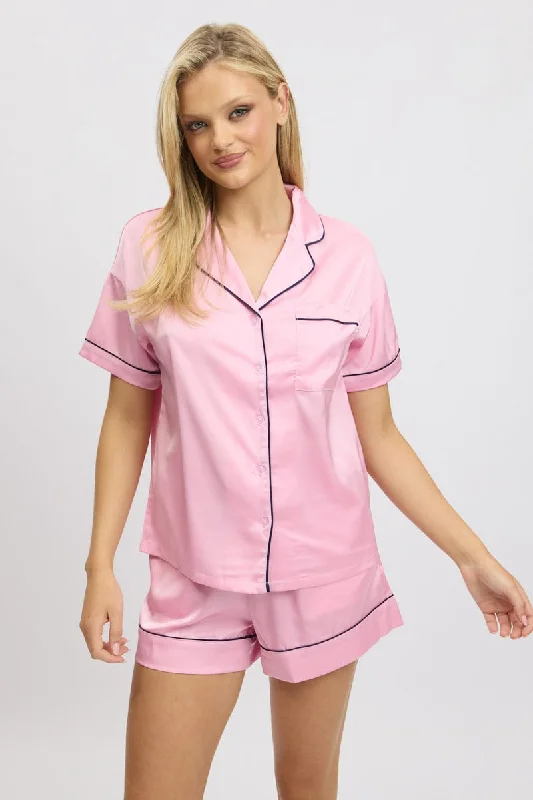 Pink Satin Pyjamas Set Short Sleeve