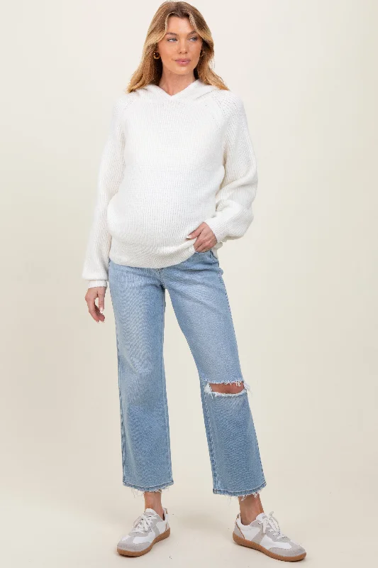 Light Blue Distressed Open Knee Maternity Straight Leg Jeans