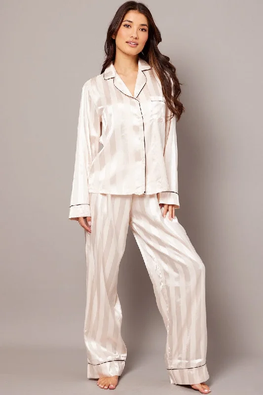 Beige Stripe Pj Set Satin Stripe Contrast Piping Pyjama