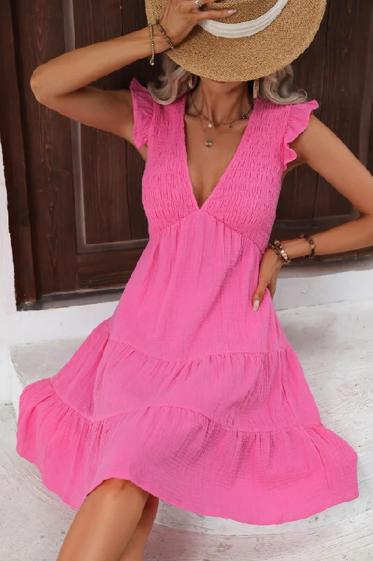 V Neck Solid Smocked Ruffle Hem Mini Dress