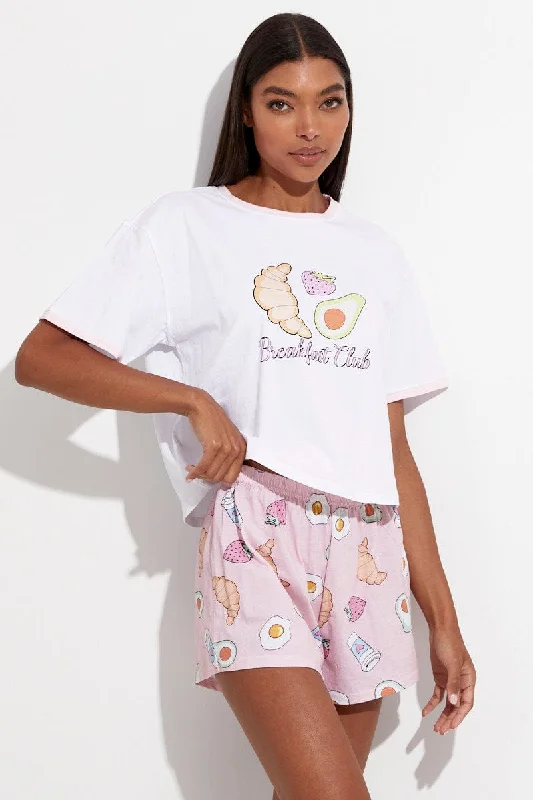 Pink Print Breakfast Pj Graphic Jersey Pyjama 2 Piece Set