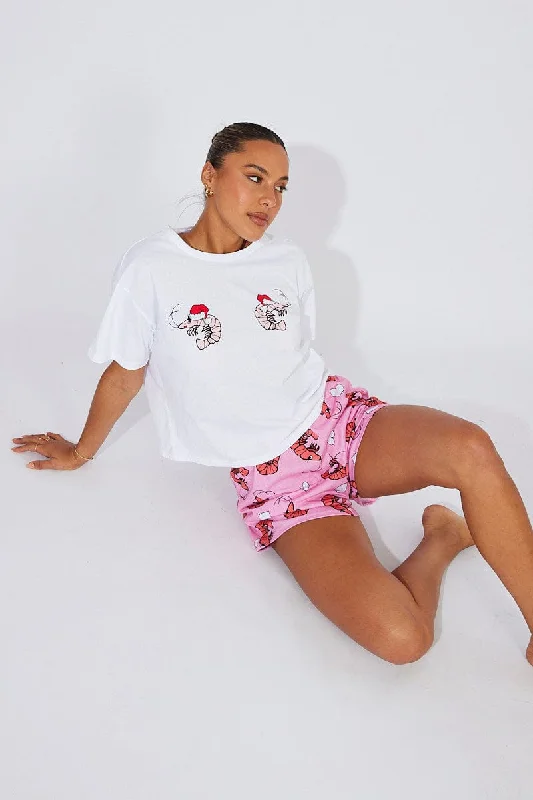 Pink Print Graphic Pyjama Set Novelty Christmas Prawn PJ Set