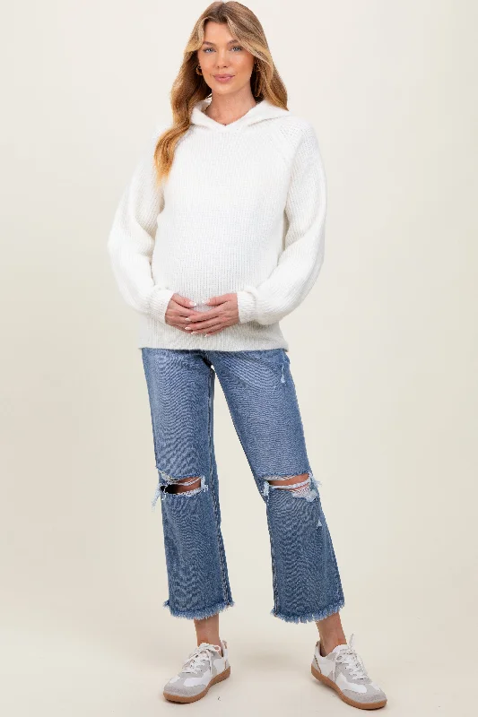 Blue Open Knee Fringe Hem Cropped Wide Leg Maternity Jeans