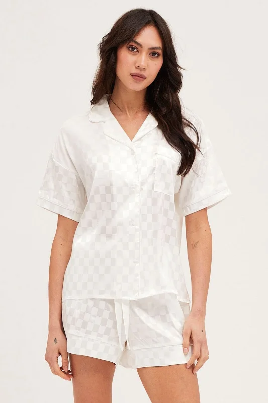 Check Satin Pajamas Set Short Sleeve