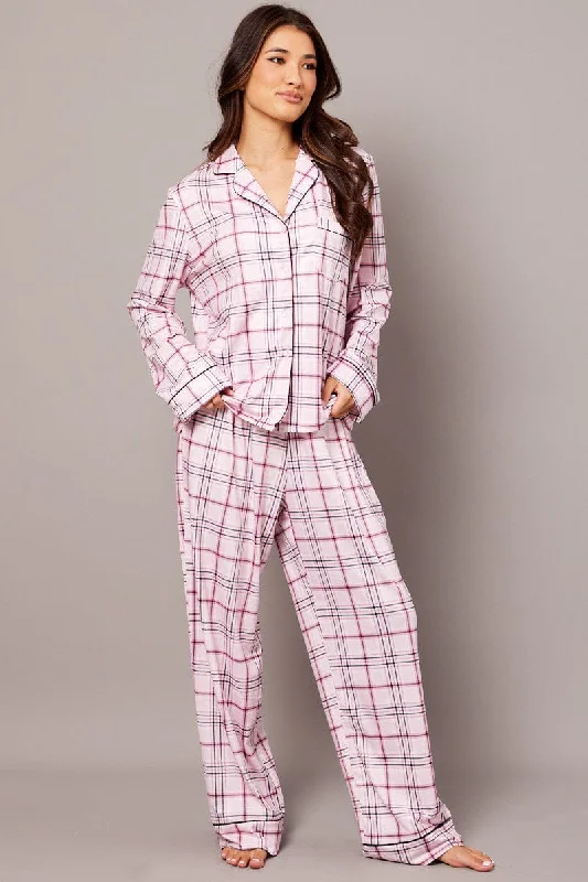 Pink Check PJ Set Jersey Long Leg Piping Pyjama