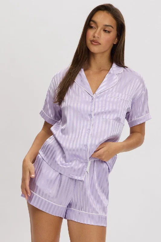 Purple Stripe Satin Pyjamas Set Short Sleeve