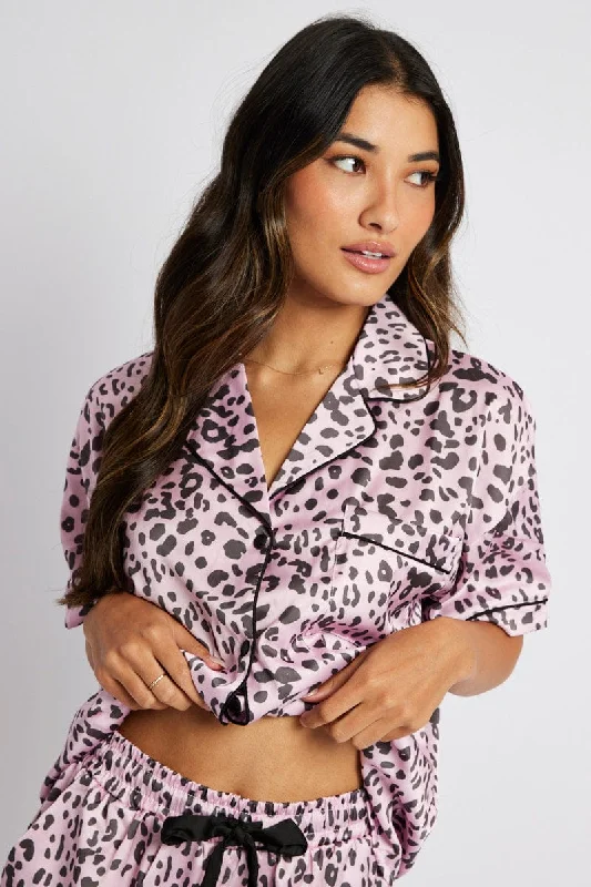 Pink Animal Print Pyjama Set Satin Short Sleeve Black Piping PJ