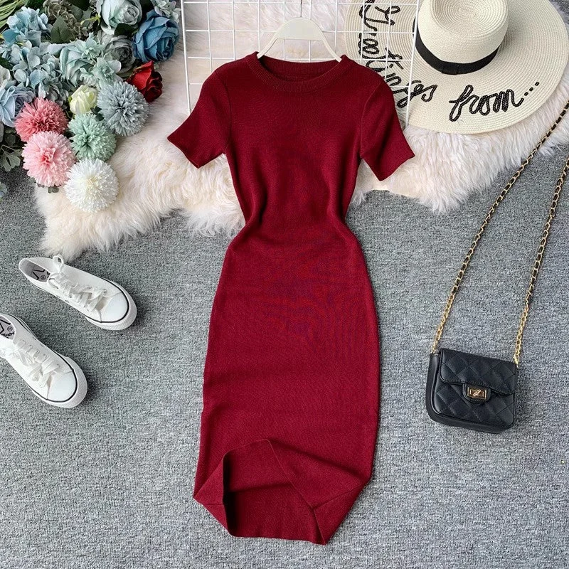 Short-sleeved solid color round neck elastic knitted tight skirt dress mid-length     S3947