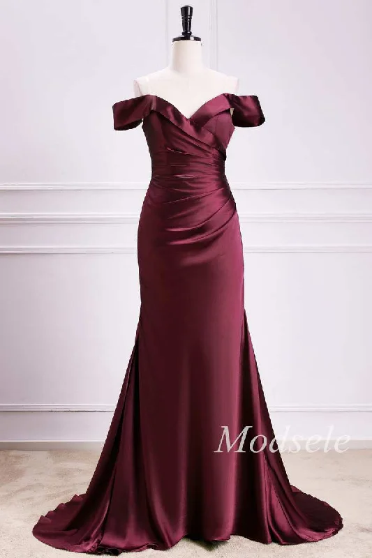 Off-the-Shoulder Pleated Trumpet Maxi Dress in Burgundy