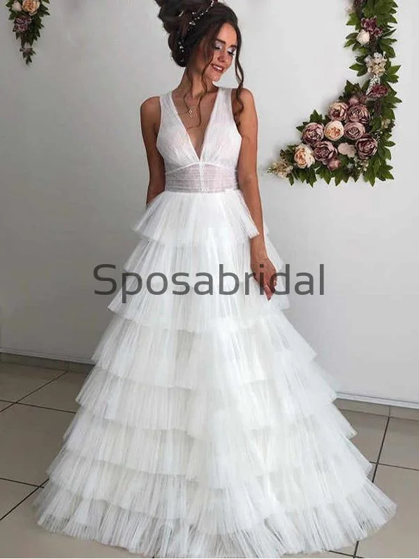 A-line Lace V-Neck Vintage Tulle Country Romantic Wedding Dresses  WD0377