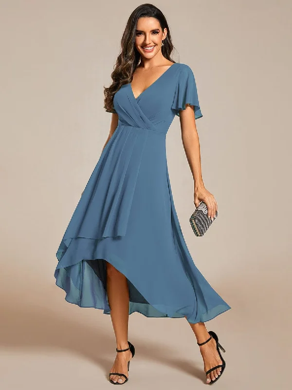 Lana | Pleated Chiffon Ruffles Sleeve Midi Evening Dress