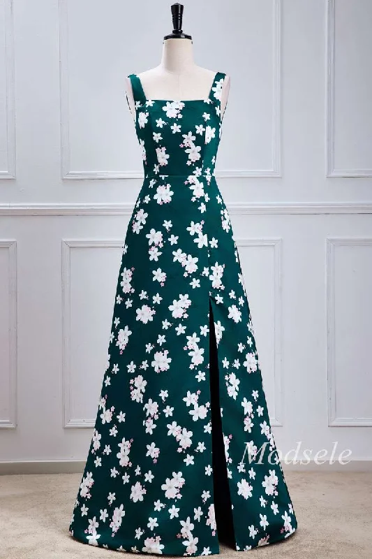 Emerald Print Square Neck Maxi Dress with Slit