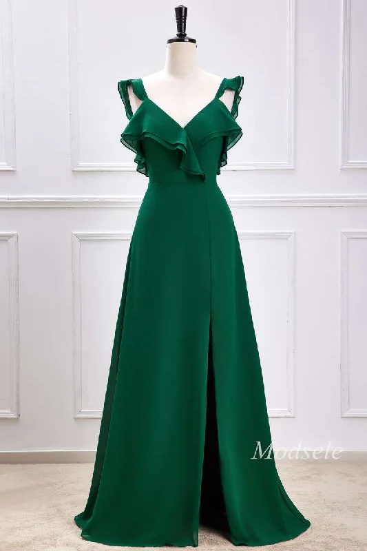 Emerald Ruffle Flutter Sleeve Maxi Dress with Slit