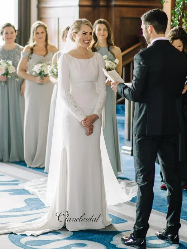 Long Sleeves Lace Wedding Dresses, Simple Popular Bridal Gowns, Wedding Dresses