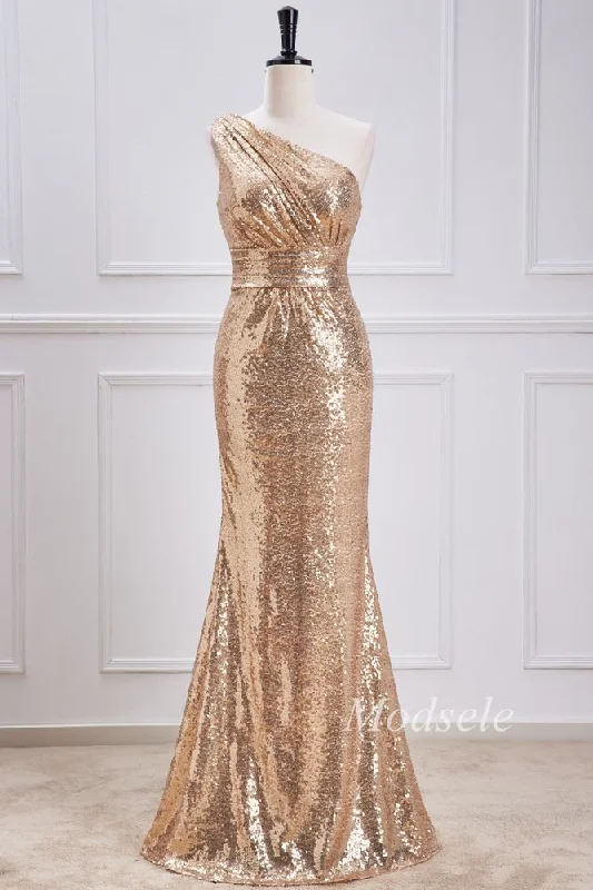 Champagne Sequin One-Shoulder Mermaid Long Dress