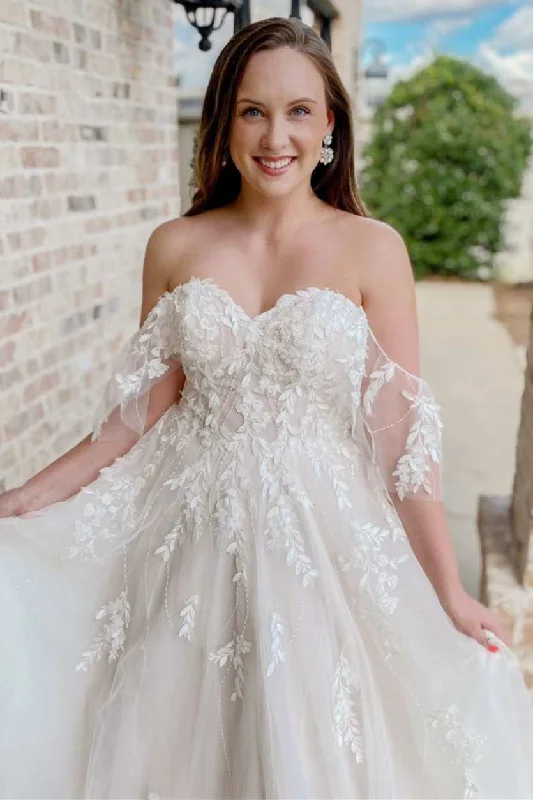 White Appliques Off-the-Shoulder A-Line Long Wedding Dress