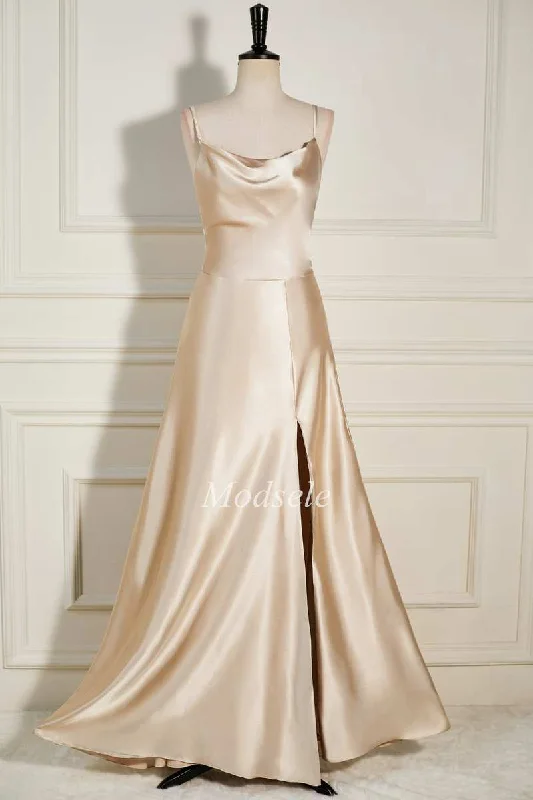 Champagne Cowl Neck A-Line Long Dress with Spaghetti Straps