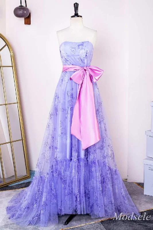 Lavender Print Strapless Bow Front A-Line Long Prom Dress