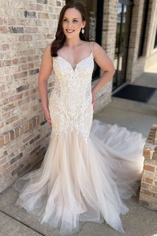 Beige Floral Lace V-Neck Trumpet Long Wedding Dress