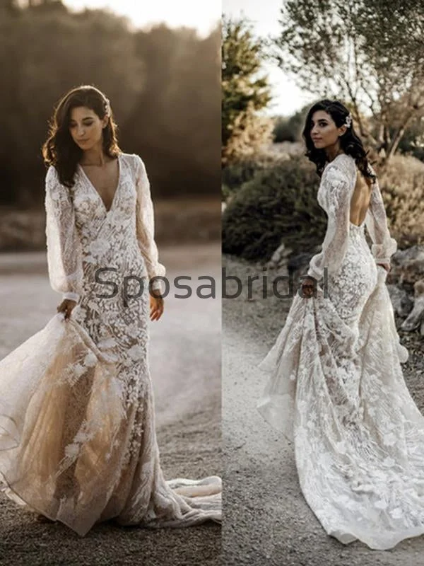 Charming Unique Lace V-Neck Long Sleeves Country Wedding Dresses WD0445