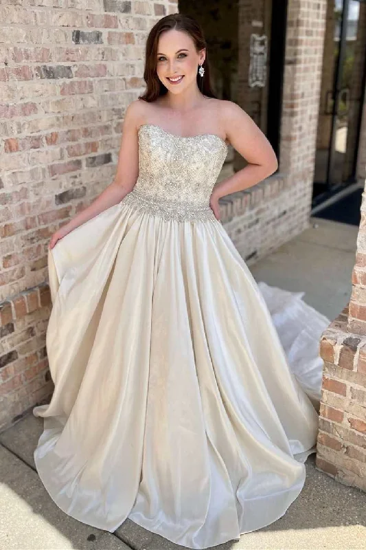 Beading Strapless A-Line Long Wedding Dress