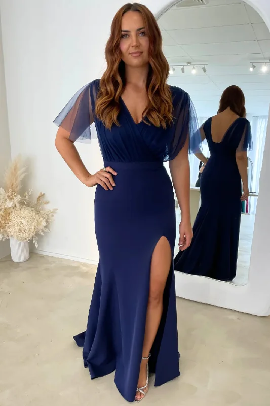 Navy Blue Short Sleeves Mermaid Prom Dresses, Long Bridesmaid Dresses, Wedding Guest Dresses