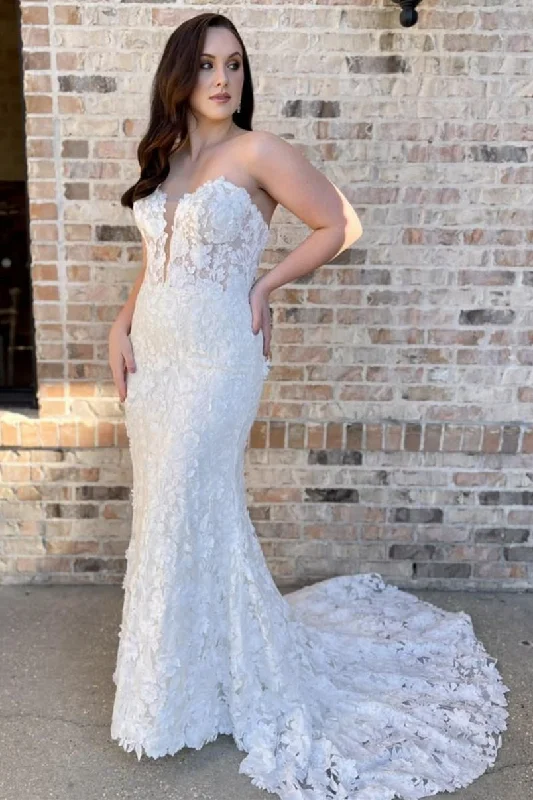 White Floral Lace Strapless Mermaid Long Wedding Dress