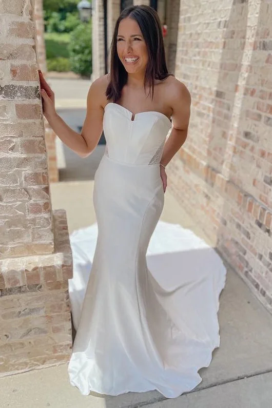 White Strapless Open Back Mermaid Long Wedding Gown