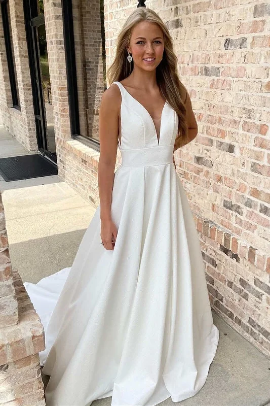 White V-Neck Cross-Back A-Line Long Wedding Gown