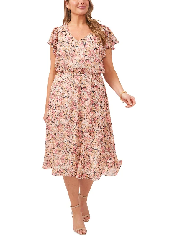 Plus Womens Floral Print Mid Calf Midi Dress