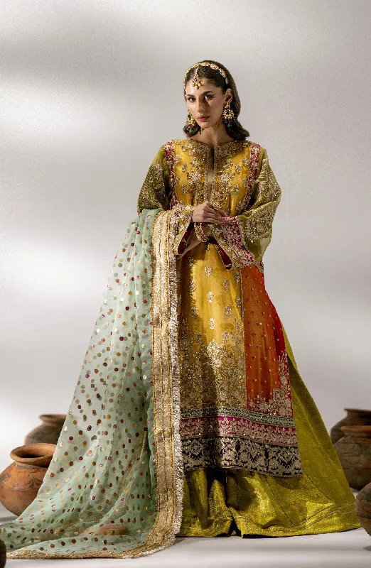 Yellow Pakistani Wedding Dress in Embroidered Kameez Sharara Style