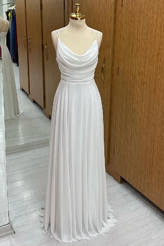 White Cowl Neck Chiffon Bridesmaids with Spaghetti Straps