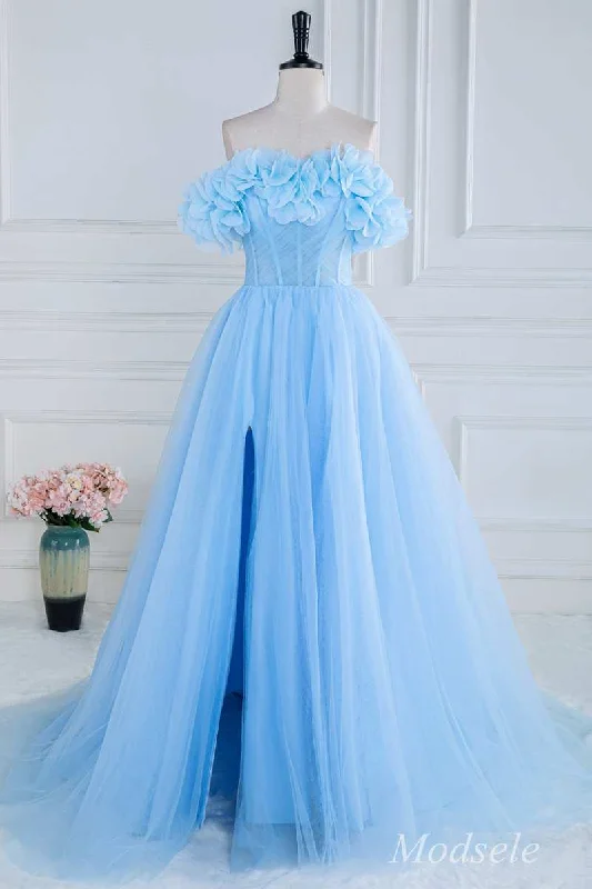 Blue Floral Petal Appliques Off-the-Shoulder A-Line Long Prom Dress