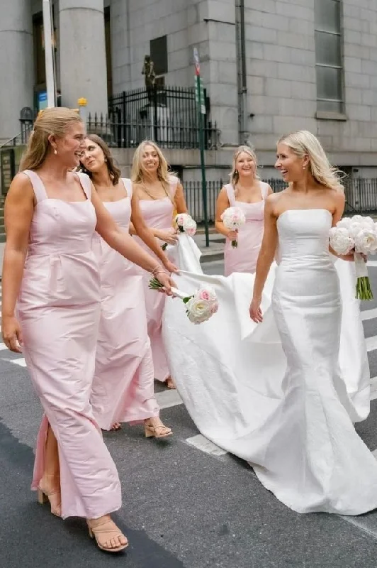 Pink Straps Square Neck Satin Sleeveless Long Bridesmaid Dress